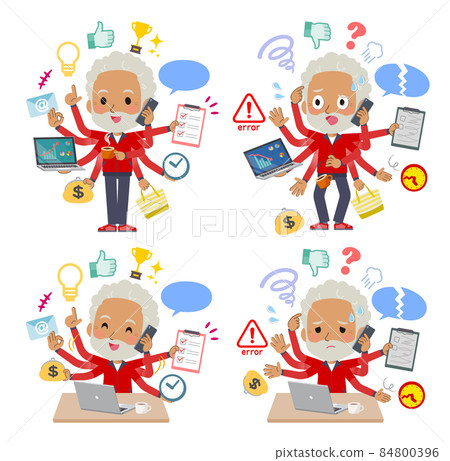一組身穿紅色球衣的年長男子在辦公室處理多項任務 84800396