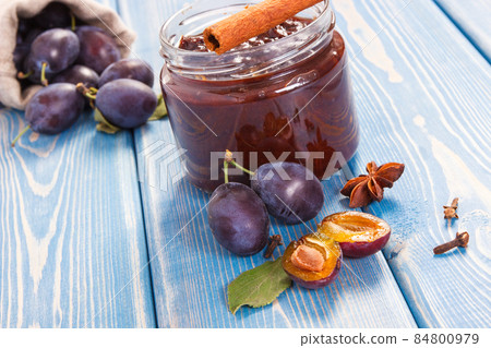 Homemade plum jam, fruits and spices on boards, healthy dessert concept Homemade plum jam, fruits and spices on boards, healthy dessert concept 84800979