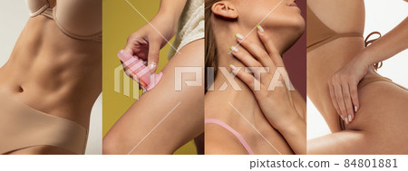 Collge of different parts of female bodies in cotton underwear isolated over light background Collge of different parts of female bodies in cotton underwear isolated over light background 84801881
