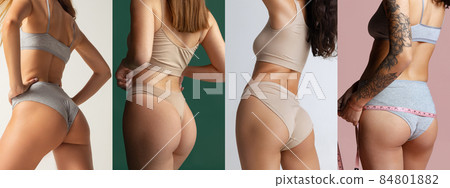 Collage of back view of four beautiful slim female bodies in cotton underwear isolated over multicolored background 84801882