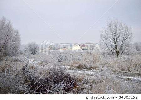 A field covered with frost and a residential building. A field covered with frost and a residential building. 84803152