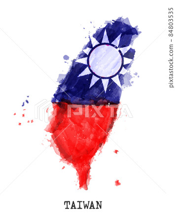 Taiwan islands flag and map watercolor painting design . Realistic drawing country shape . White isolated background . Vector . 84803535