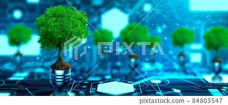 Tree with soil growing on  Light bulb. Digital Convergence and and Technology Convergence. Blue light and network background. Green Computing, Green Technology, Green IT, csr, and IT ethics Concept. 84803547
