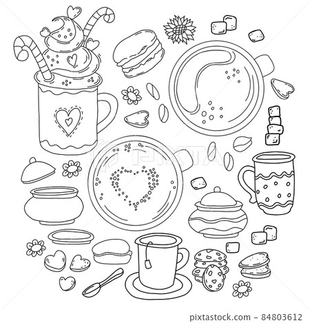 large set of desserts and dishes in style of hand-drawn linear doodles. Cup of tea and cream dessert with straw, coffee, spoon and sugar bowl, biscuits and Macaroons. Vector illustration large set of desserts and dishes in style of hand-drawn linear doodles. Cup of tea and cream dessert with straw, coffee, spoon and sugar bowl, biscuits and Macaroons. Vector illustration 84803612