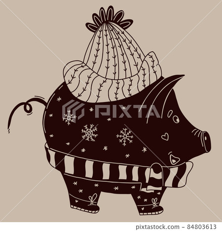 Cute decorative winter pig in hat and scarf with snowflakes. Vector illustration in hand doodle style. Pig piggy bank and seasonal money saving concept. sketch character for design and decor. 84803613