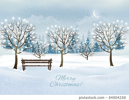Holiday Christmas and Happy New Year background with evening landscape and trees with garland. Vector 84804288