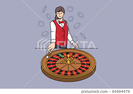Smiling female croupier spin roulette in casino 84804479