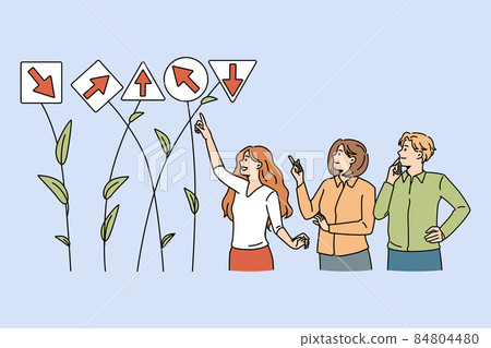 Businesspeople look at different directions signs develop solution 84804480
