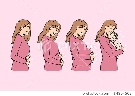 Smiling woman during different pregnancy stages 84804502