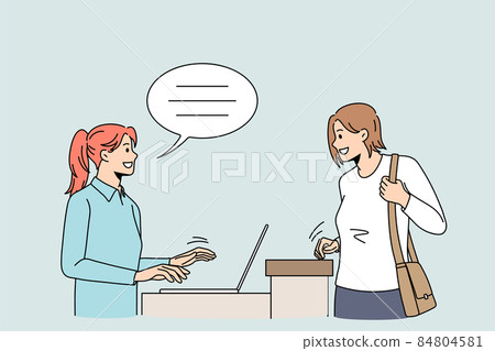 Smiling female client talk with receptionist at desk  84804581