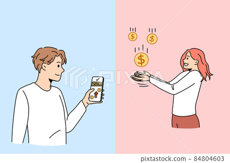 Man send money from smartphone to woman client Man send money from smartphone to woman client 84804603
