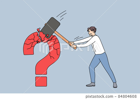 Businessman crash question mark with hammer  84804608