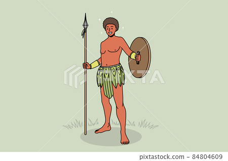 African American tribe man in traditional clothes with spear  84804609