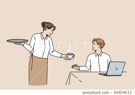 Smiling waitress serving coffee to male customer Smiling waitress serving coffee to male customer 84804611