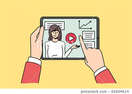 Person watch webinar on tablet gadget  Person watch webinar on tablet gadget  84804614