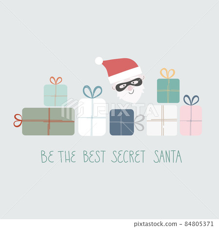Vector illustration Lettering Be the best Secret Santa. Gifts with Santa in mask. Anonym is giving present his collegues, friends Vector illustration Lettering Be the best Secret Santa. Gifts with Santa in mask. Anonym is giving present his collegues, friends 84805371