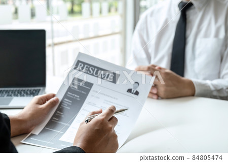 Business committee or interviewer consider and asking about profile of candidate, consider resume conducting a job and conversation listen to answers to thought attitude Business committee or interviewer consider and asking about profile of candidate, consider resume conducting a job and conversation listen to answers to thought attitude 84805474