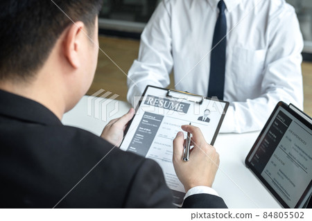 Business committee or interviewer consider and asking about profile of candidate, consider resume conducting a job and conversation listen to answers to thought attitude Business committee or interviewer consider and asking about profile of candidate, consider resume conducting a job and conversation listen to answers to thought attitude 84805502