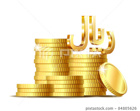 Stack of coins with Shiny golden Islamic Rial Sign currency symbol. 84805626