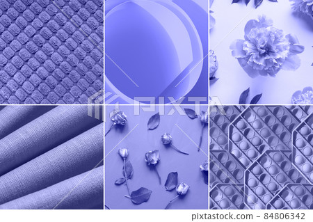 Collage of different textile and texture in very peri color. Trendy color of the 2022 year. 84806342
