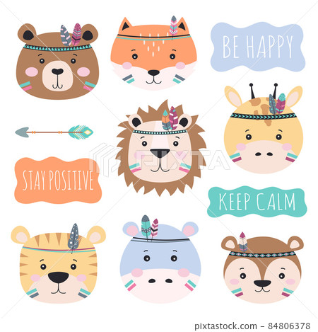 indian tribal animals faces set, vector illustration 84806378