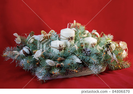 composition candles festively decorated for christmas. beautiful greeting card composition candles festively decorated for christmas. beautiful greeting card 84806870