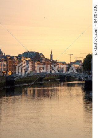 View of the River Liffey at dusk from the O'Connell Bridge in Dublin, the capital of Ireland 84807836