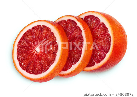 Blood red oranges slices isolated on white background with clipping path. Top view. Flat lay Blood red oranges slices isolated on white background with clipping path. Top view. Flat lay 84808072