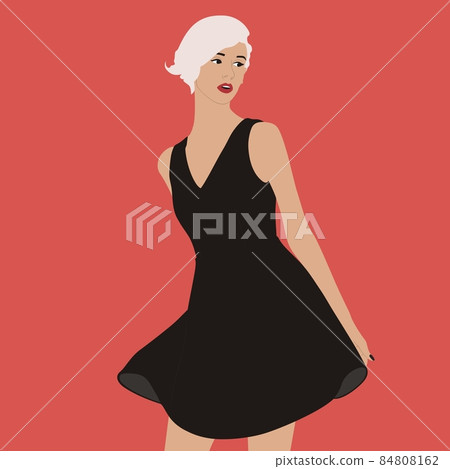 Pretty girl with white hair and black dress is posing. Hair and make-up like Marilyn Monroe. Holiday vector illustration. 84808162
