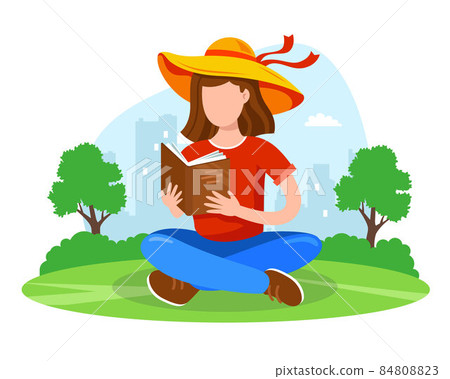a girl in the park sits and reads an interesting book. a girl in the park sits and reads an interesting book. 84808823