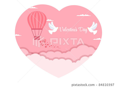 Happy Valentine's Day Flat Design Illustration Which is Commemorated on February 17 with Teddy Bear, Air Balloon and Gift for Love Greeting Card 84810397