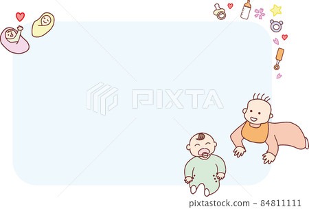 Illustration with baby and baby bottle, pacifier, heart, cherry blossom, etc. on a light blue background with copyright 84811111