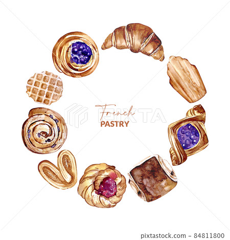 Round frame with fresh pastries. Hand drawn watercolor illustration of croissant, danish, waffle, roll, madeleine and bun. Border for label, packading design. 84811800