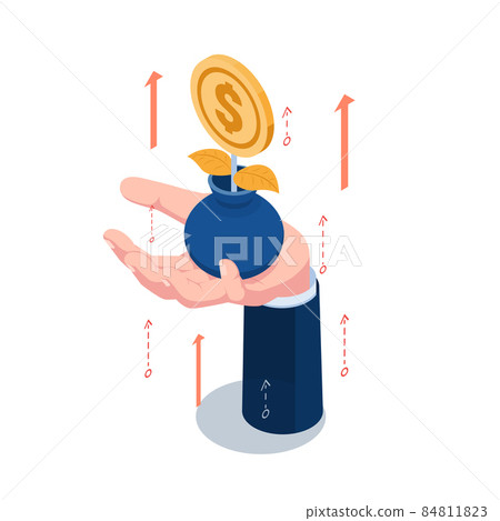 Isometric Businessman Hand Holding Coin Plant in Flower Pot with Rising Arrow Isometric Businessman Hand Holding Coin Plant in Flower Pot with Rising Arrow 84811823