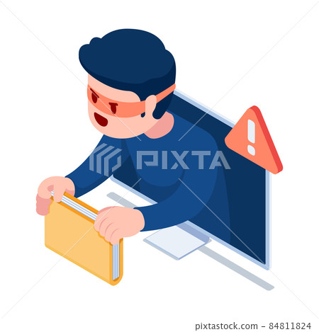 Isometric Hacker or Thief Come Out from Monitor and Stealing Folder Isometric Hacker or Thief Come Out from Monitor and Stealing Folder 84811824