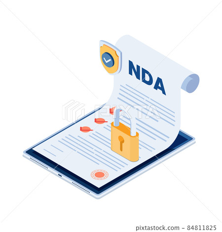 Isometric NDA Document with Shield and Lock on Digital Tablet Isometric NDA Document with Shield and Lock on Digital Tablet 84811825