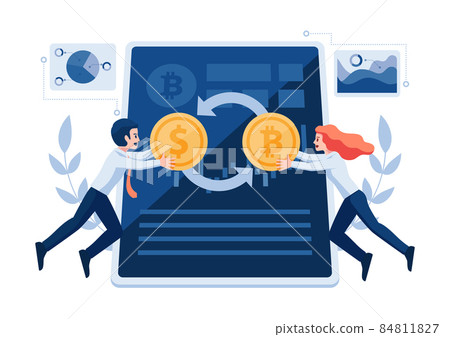 Businessman and Woman Swap Dollar Coin to Bitcoin Businessman and Woman Swap Dollar Coin to Bitcoin 84811827