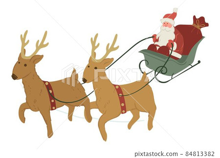 Rushing reindeers and Santa Claus sitting on sled 84813382