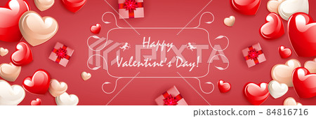 Postcard with Valentine Day, red card with a set of hearts and gift boxes Postcard with Valentine Day, red card with a set of hearts and gift boxes 84816716