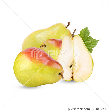 Ripe pears with leaves isolated on white background Ripe pears with leaves isolated on white background 84817415