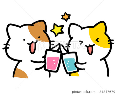Handwritten style illustration of a cute cat character toasting 84817679