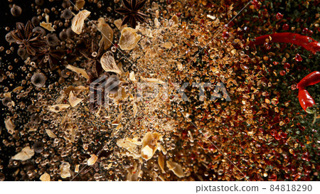 Freeze Motion Shot of Flying Mix Spices. Freeze Motion Shot of Flying Mix Spices. 84818290
