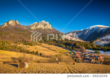 Rural landscape with mountain peaks on background in early sprin 84818349