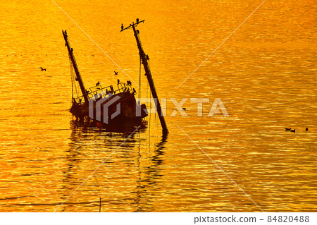 Gold sunset with abandoned ship and cormorants on it. Kunashir island . Gold sunset with abandoned ship and cormorants on it. Kunashir island . 84820488