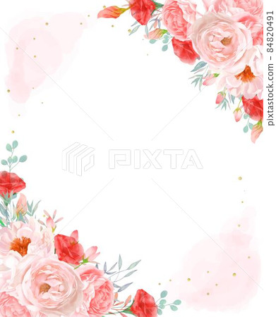 漂亮的紅色和粉色玫瑰花朵和葉子金色垂直水彩風格框架矢量插圖素材 漂亮的紅色和粉色玫瑰花朵和葉子金色垂直水彩風格框架矢量插圖素材 84820491