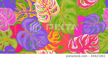Vibrant monstera leaves seamless pattern. Acid tropical background. Neon foliage backdrop. Vibrant monstera leaves seamless pattern. Acid tropical background. Neon foliage backdrop. 84821061