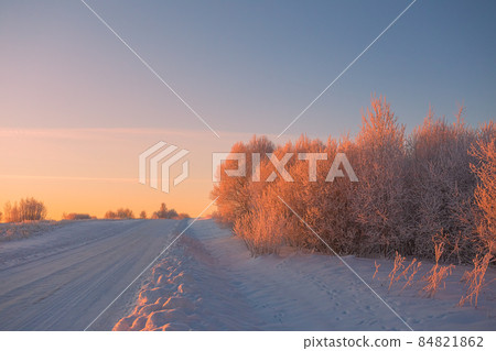 Cold winter morning with red sunlight and frost cover on the trees, extremely cold winter conditions Cold winter morning with red sunlight and frost cover on the trees, extremely cold winter conditions 84821862