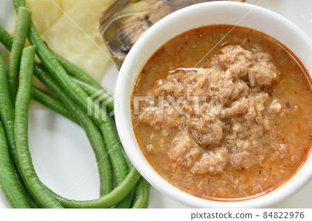 spicy mashed mackerel and fermenting fish chili sauce paste eat couple boiled vegetable on plate spicy mashed mackerel and fermenting fish chili sauce paste eat couple boiled vegetable on plate 84822976