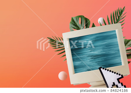 Collage nostalgia surreal graphic retro computer pixel mouse cursor and glitch on screen 84824186