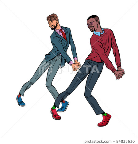 african and caucasian young man dancing, stylish clothes. Freedom and fan, love of music 84825630